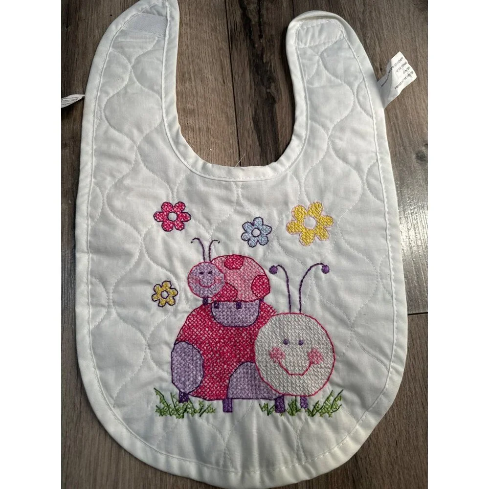 Set Of 2 Handmade Embroidered Baby Bibs With Frog & Ladybug Designs